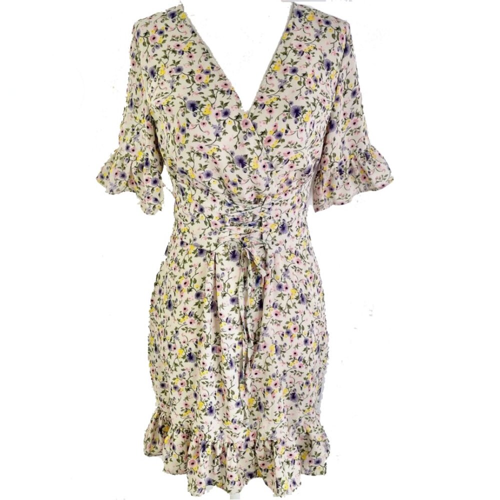Pretty Little Thing Floral Print Corset Waist Ruffle Hem Mini Dress Stone Size 2